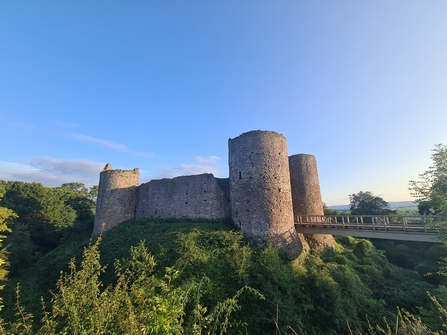 A turreted castle with a moat