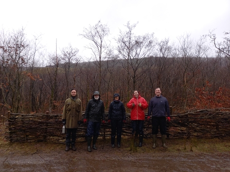 Volunteers and their dead hedge at Cwmtillery Lakes